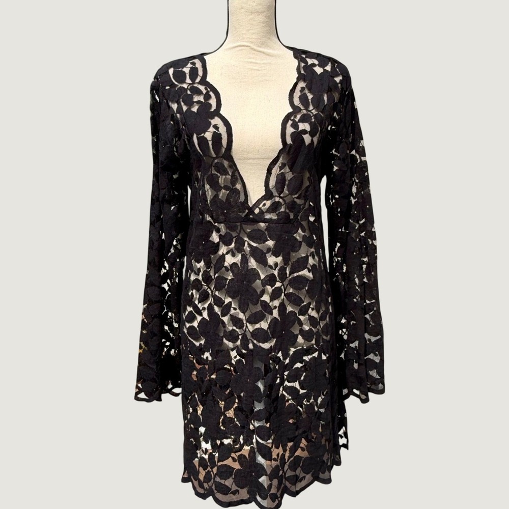 J. Valdi Black Floral Lace Deep V-Neck Long Sleeve Tunic Cover Up 30831 XL